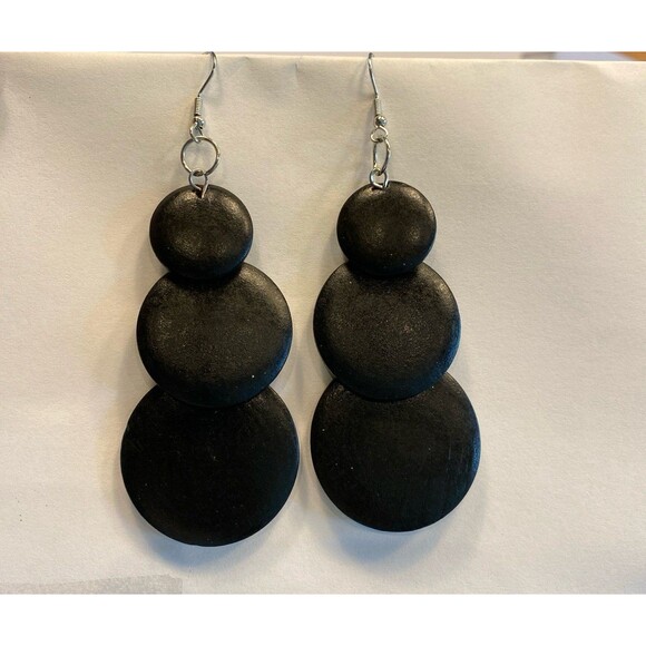 Earrings Black Dangle Teardrop Wooden Boho Modern Round Hippie Statement NEW - Picture 1 of 4